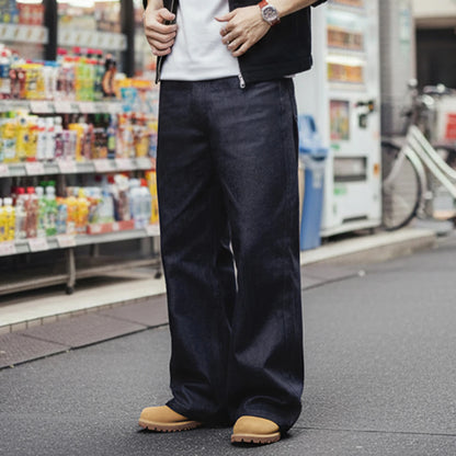 Maden Vintage Men's 15.6oz Selvedge Raw Denim Jeans Wide Leg Trousers with YKK Zipper Fly Straight Fit Jeans for Fall and Winter