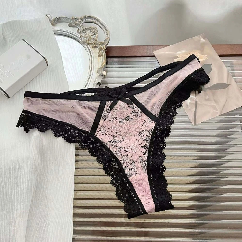 Breathable Patchwork Mesh Floral Bowknot Panties Ruffle Thong Lace Flower Transparent Briefs Low Waist Hollow Out Lady