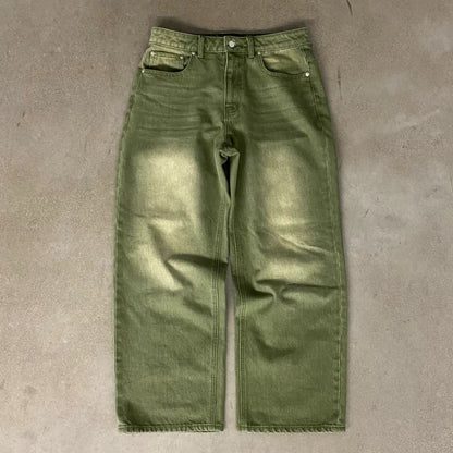 Y2K Street Matcha Denim Jeans Pocket Green 6 Ball Embroidery Denim Pants London High Street Trend Streetwear Unisex Baggy Jeans