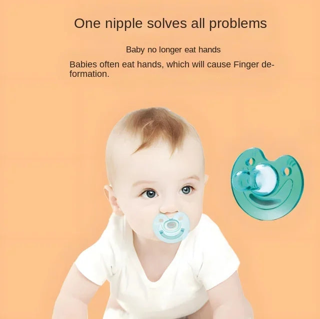 Newborn baby lulls to sleep with a breast milk like pacifier, with a soft silicone pacifier and round head to prevent eating