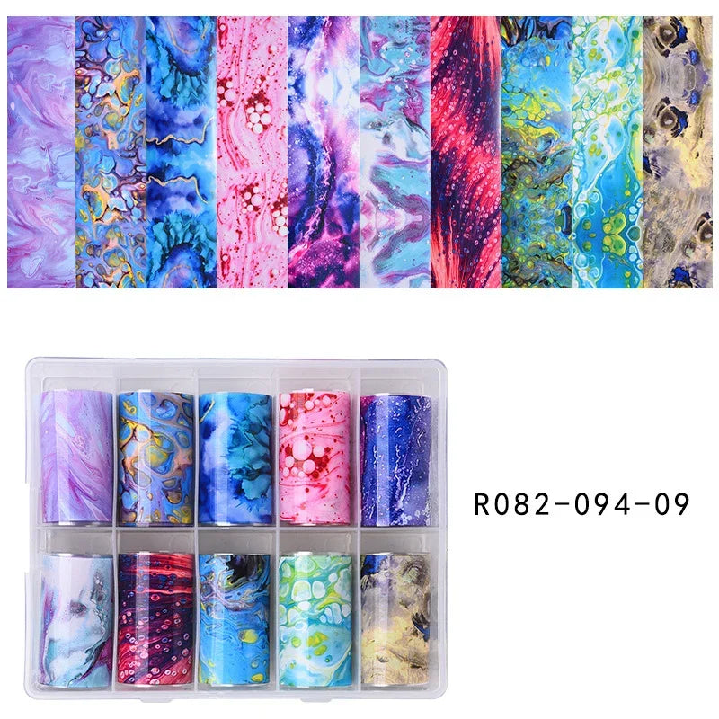 10 Patterns New Metal Nail Foils for Transfer Paper Stickers Floral Chameleon Nails Wraps DIY Water Marble Nail Art Decorations