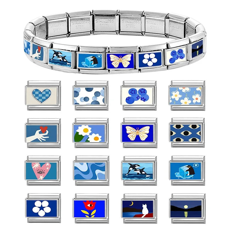 Fashion Blue NO.8 Ball Panda Elephant Cat Flower Italian Charms Fit 9mm Stainless Steel Women Fashion Bracelet DIY Jewelry Gifts