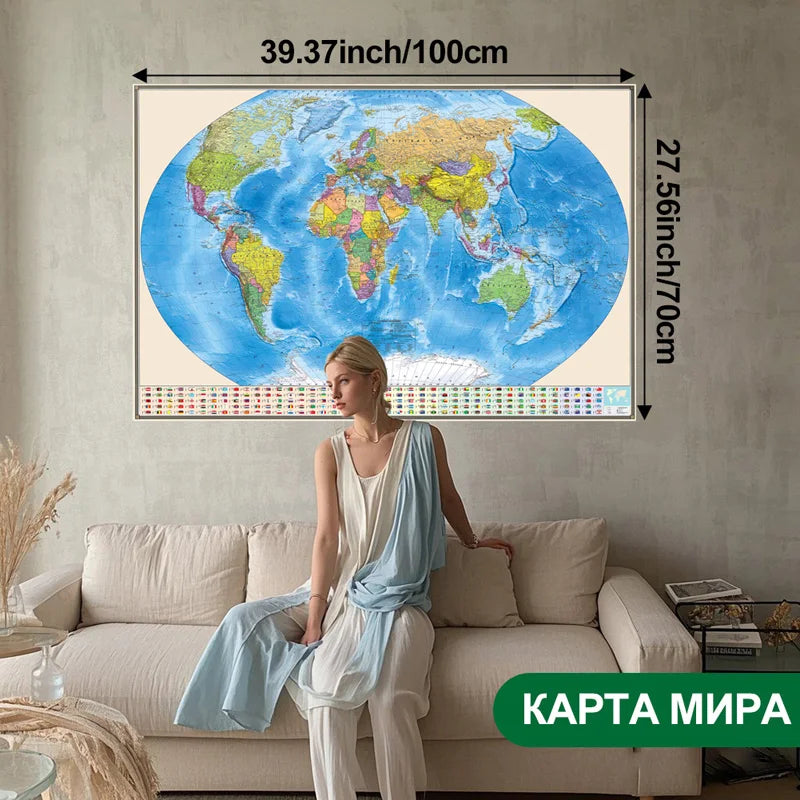 Russian Map-World Map-Political Distribution-with Flag,Art Prints Posters Travel Supplies,for Classroom,Home Decor