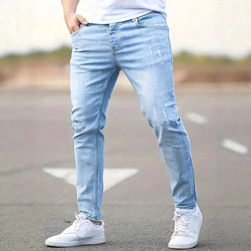 Men's American Retro Hole-Punched Stretch Slim Fit Jeans Zipper Casual Streetwear Denim Pants Classic Black Blue Skinny Trousers