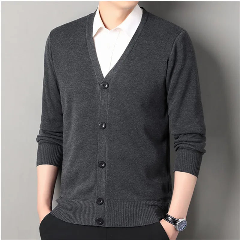 Autumn Winter Men's Casual Knit Cardigan Solid Color Slim Fit Fashion V-Neck Knitted Sweatercoat Men Fleece Warm Sweater Jackets