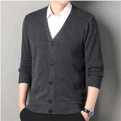 Autumn Winter Men's Casual Knit Cardigan Solid Color Slim Fit Fashion V-Neck Knitted Sweatercoat Men Fleece Warm Sweater Jackets