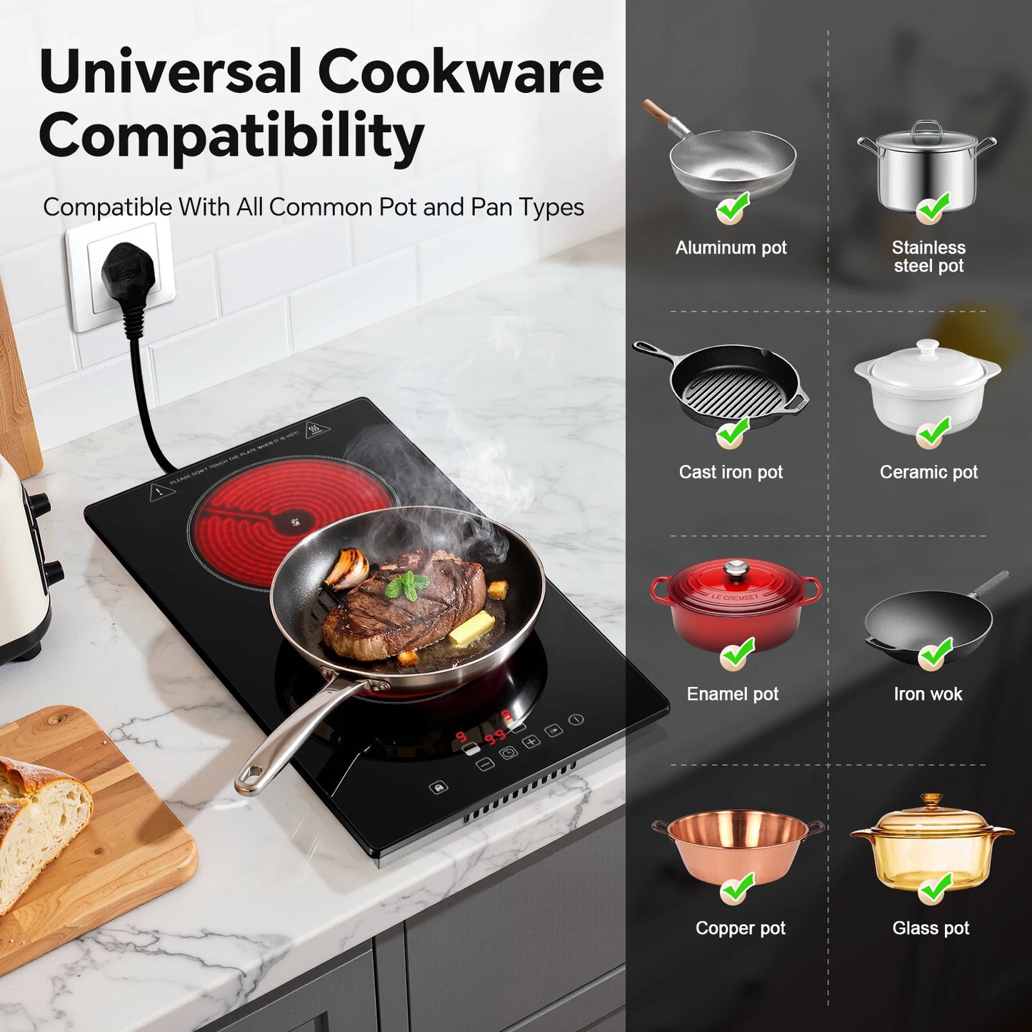 2-Zone Ceramic Hob, 3000W with Child Lock, 9 Heat Levels, 1-99min Timer, Black (CE Certified)