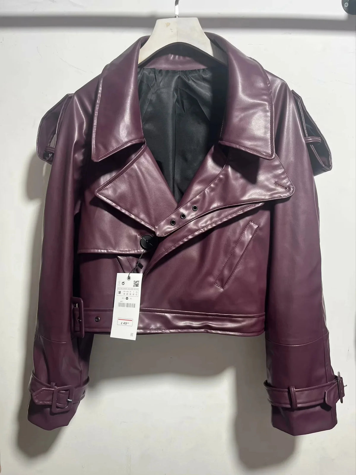 Vintage Lapel Leather Biker Jacket Women Bomber Jacket Short Coat Streetwear Zip Long Sleeve Windproof Outerwear Black Wine Red
