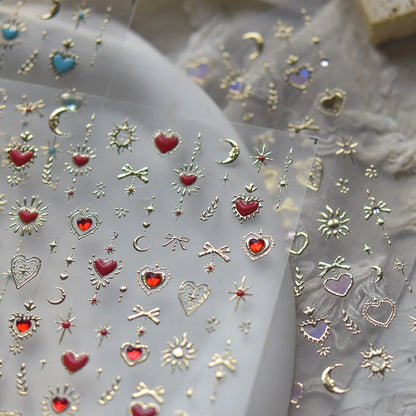Gold Totem Red Heart Nail Art Stickers Aurora Holographic Star Moon Butterfly 5D Self Adhesive Nail Art RhinestoneS Stickers DIY