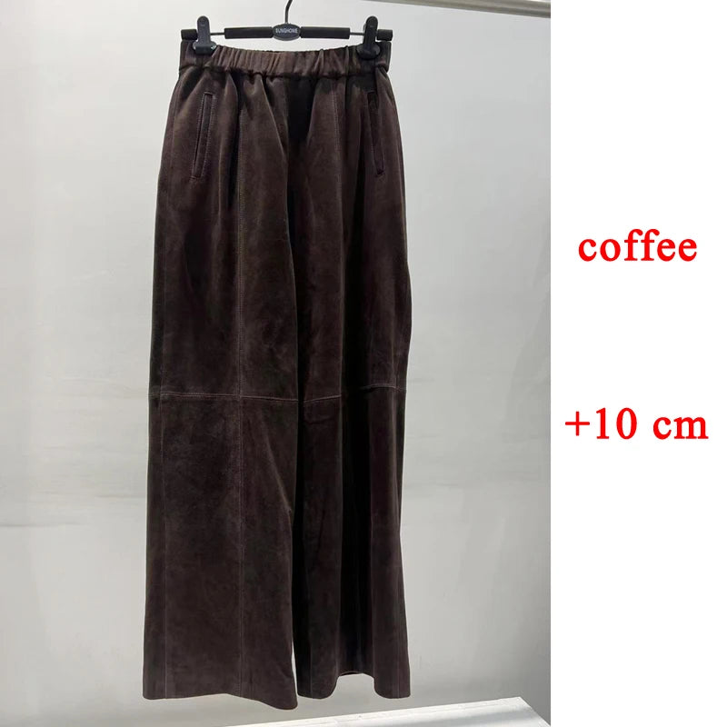 Retro Suede Leather Cropped Pants for Women Femae Genuine Leather Wide Leg Floor Long Trousers Straight Cylinder Spodnie Damskie