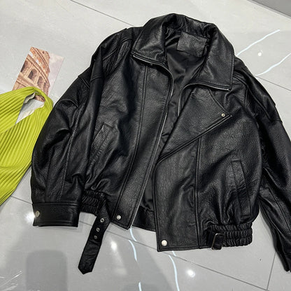 New Outerwear Leather Jacket Women American Retro Top Sheepskin Bubble Leather Double Lapel Loose Profile Coffee Locomotive Coat