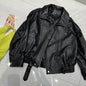 New Outerwear Leather Jacket Women American Retro Top Sheepskin Bubble Leather Double Lapel Loose Profile Coffee Locomotive Coat