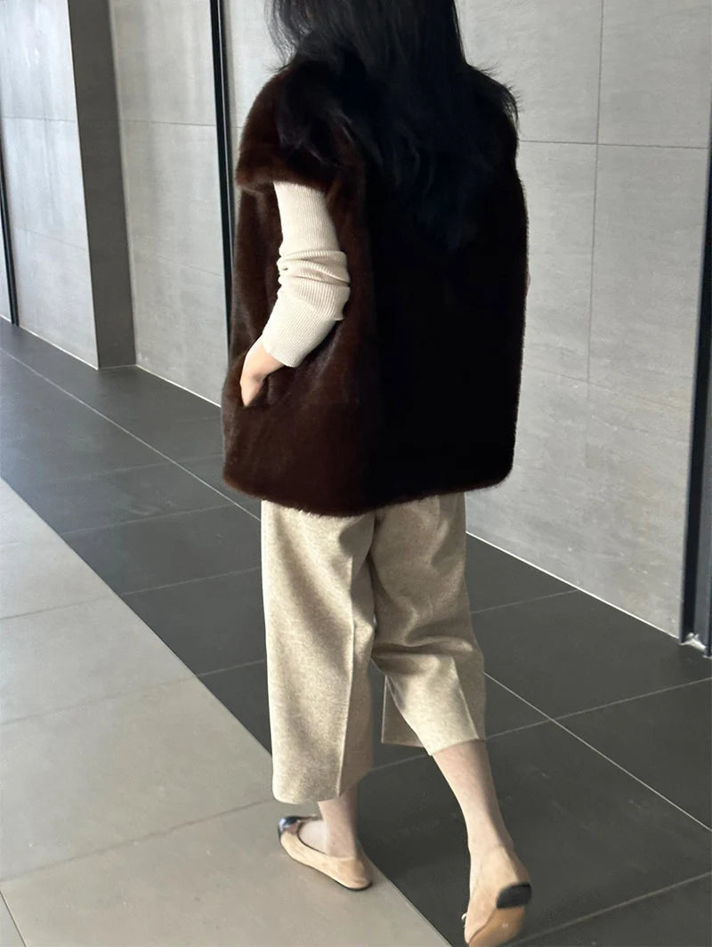 Women's Autumn Winter Faux Mink Hair Stand Collar Sleeveless Loose Vest Jacket Lady Streetwear Single Breasted Faux Fur Vest Top