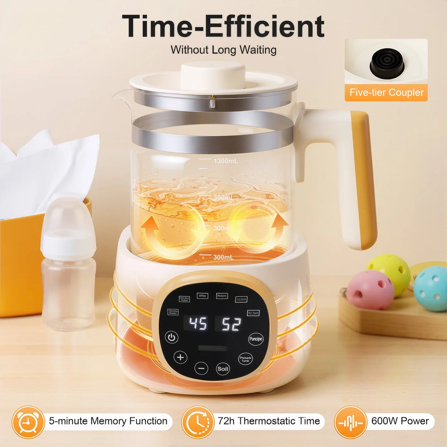 1.3L Baby Bottle Warmer 72H Constant Temperature & 5Min Memory Fast Heating & 45dB Quiet for Milk Formula & Food
