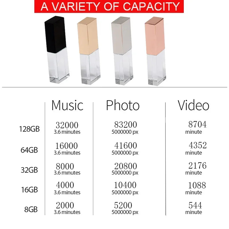 JASTER Crystal Wedding Gifts USB Flash Drives 128GB 3D Laser Engraving Custom Logo Pen Drive 64GB Photography Gift Memory Stick