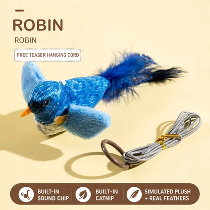 Bird Sound Cat Toy Brown Green Blue Color Options and Combination Set Plush Feather Hanging Teaser for Indoor Cats Chasing Play