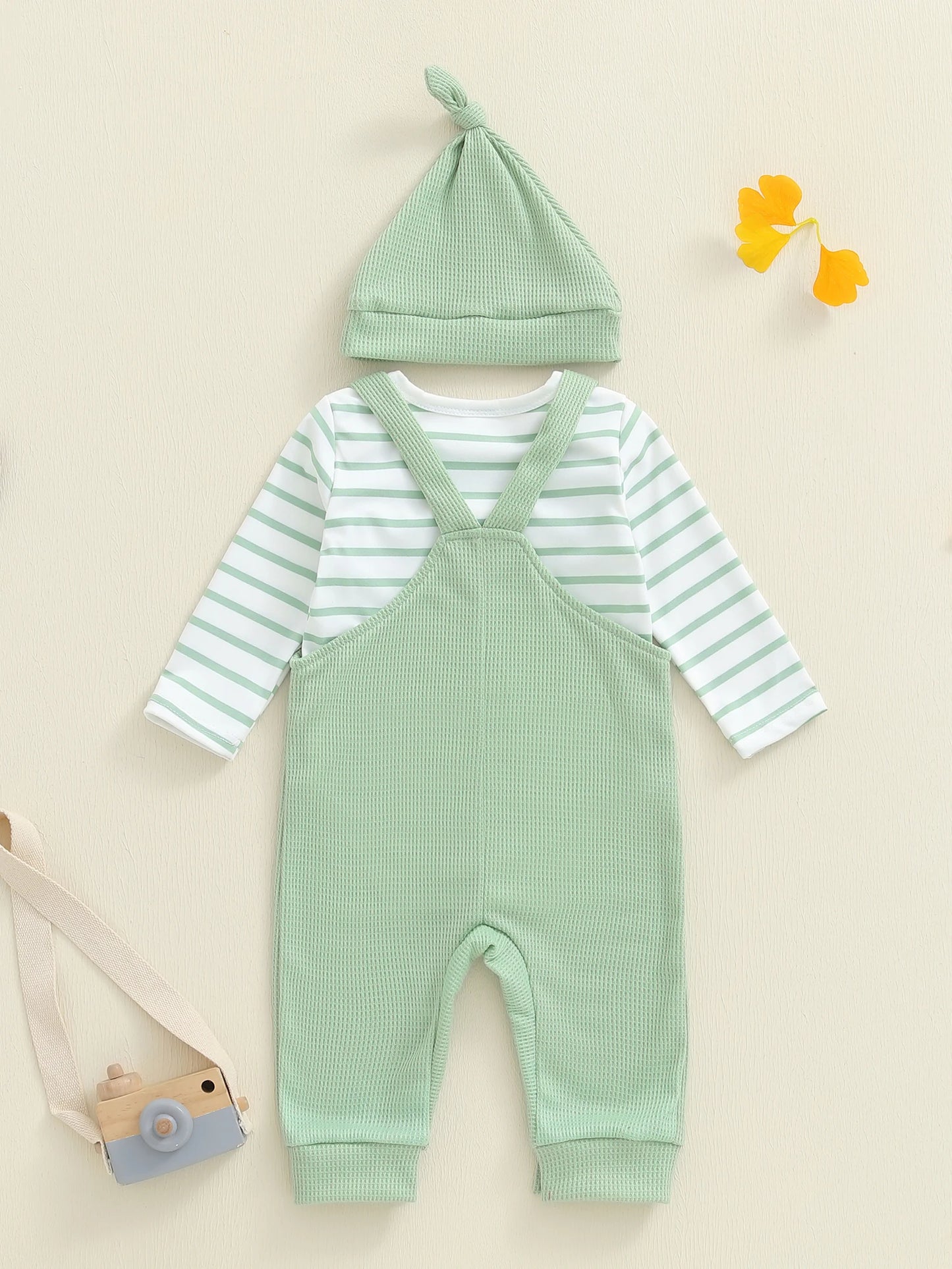 Newborn Baby Boy Fall Winter Clothes Striped Long Sleeve Romper Overall Pants Hat 3Pcs Set Cute Coming Home Outfit