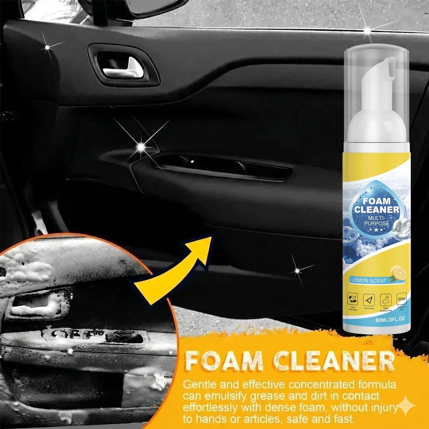 Multipurpose 2-in-1 Foaming Car Seat Cleaner Fabric Stain Eliminator Removes Tough Grime Without Full Washing