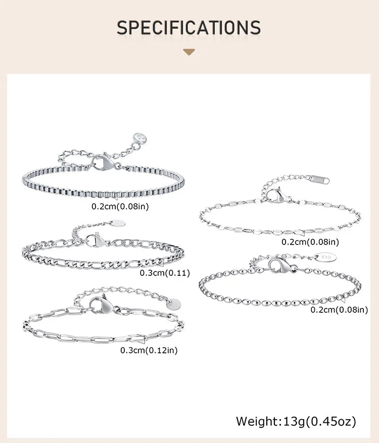 Women Chain Bracelet Silver Color, Stainless Steel Link Stackable Bracelets, Layered Waterproof Gifts
