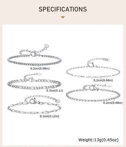 Women Chain Bracelet Silver Color, Stainless Steel Link Stackable Bracelets, Layered Waterproof Gifts