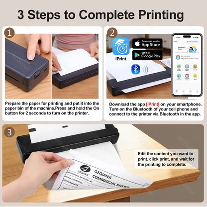 A4 Wireless Bluetooth PDF Printer Mini Portable Thermal Mobile Maker For Home Office PDF Photo Print with 50pcs Thermal Paper