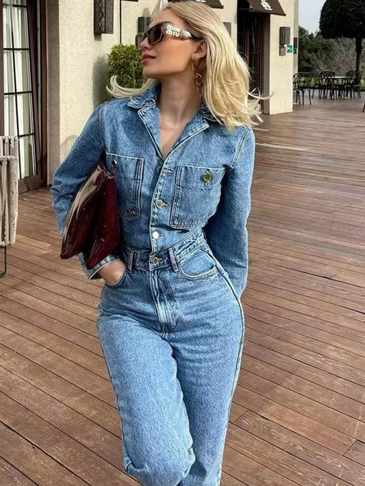 Streetwear Jeans Jumpsuits Fall Clothes 2024 Women Full Sleeve Long Pants Denim Rompers Playsuits One Pieces Set Overalls Outfit