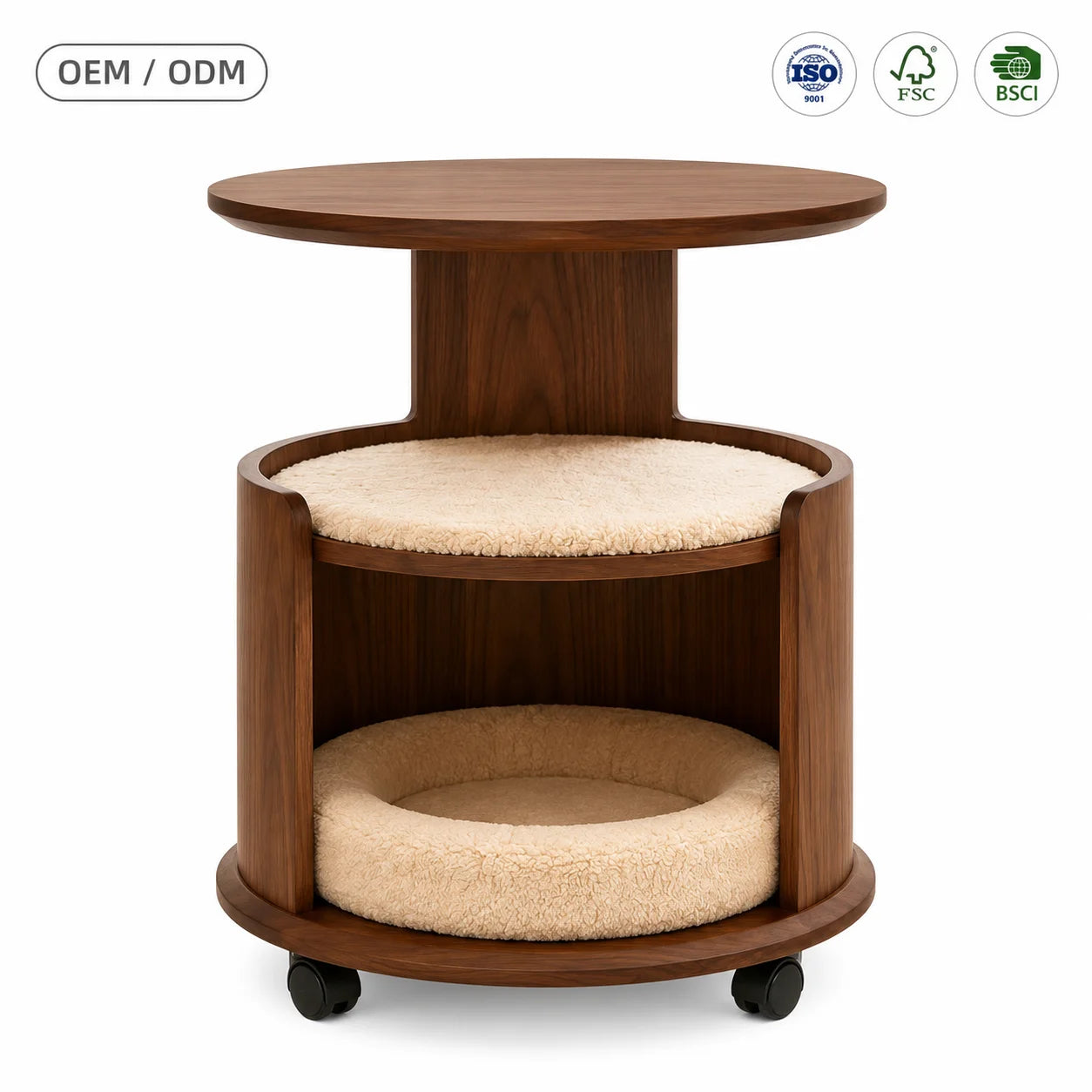 Wooden Pet Side Table Bed Combo with Removable Plush Cushion Smooth Rolling Casters for Cats Small Dogs Home Furniture