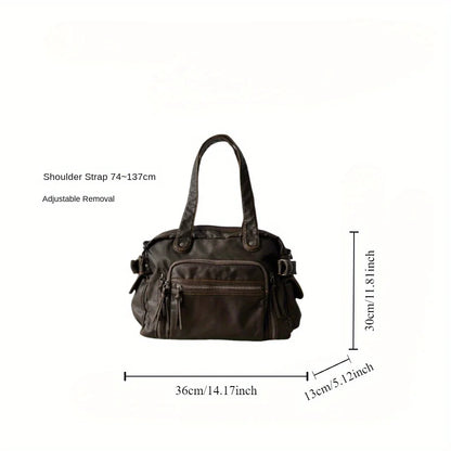 Retro tote bag motorcycle bag soft PU leather large capacity shoulder bag Y2K punk multi pocket crossbody bag