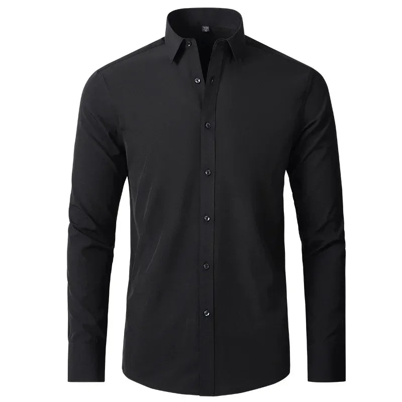 Men's long-sleeved shirt made of elastic fabric, wash-and-wear wrinkle-resistant business casual, silky smooth, pure color shirt