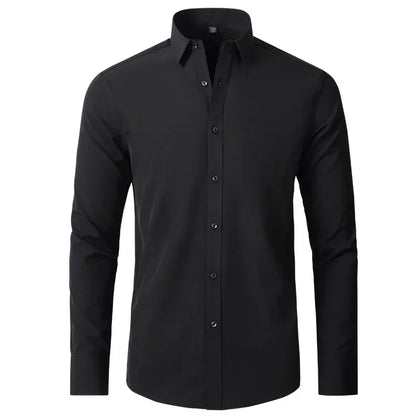 Men's long-sleeved shirt made of elastic fabric, wash-and-wear wrinkle-resistant business casual, silky smooth, pure color shirt