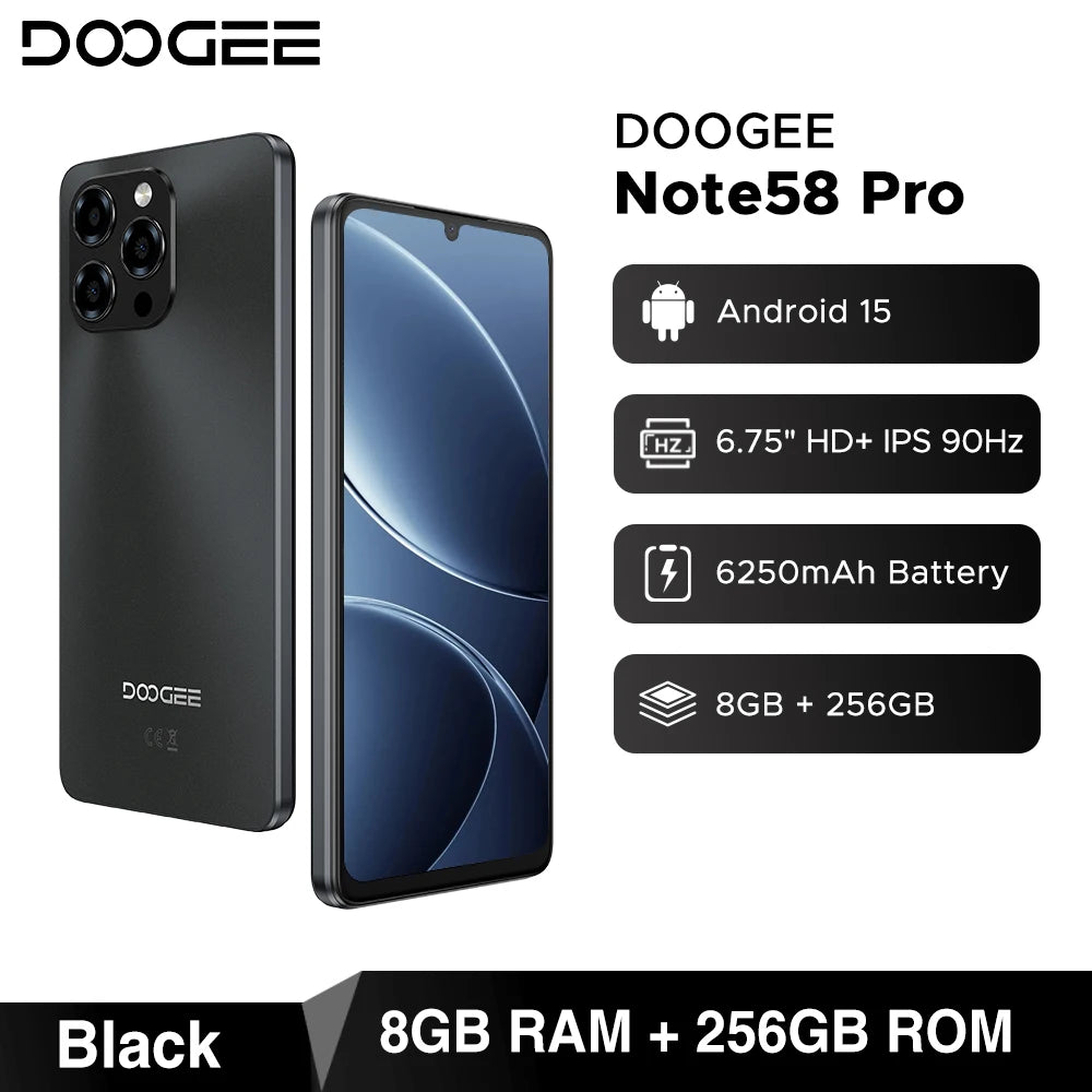 Global Version DOOGEE Note58 Pro Smartphone 6.75" HD+ Display 32GB(8+24) 256GB 6250mAh Battery NFC Android 15 Mobile Phone