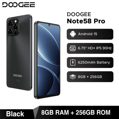 Global Version DOOGEE Note58 Pro Smartphone 6.75" HD+ Display 32GB(8+24) 256GB 6250mAh Battery NFC Android 15 Mobile Phone