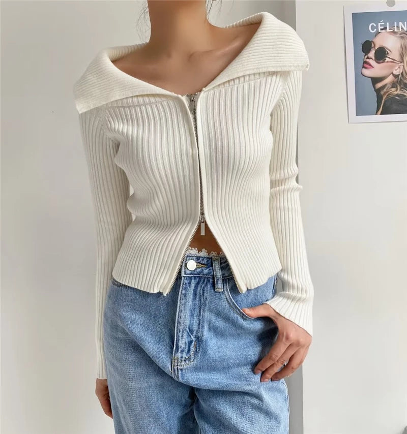 LUNDUNSHIJIA 2026 New Autumn Women Elegant Thickened Zipper Sweaters For Women Rose Red Fashion Short Female Cardigan 4 Colors