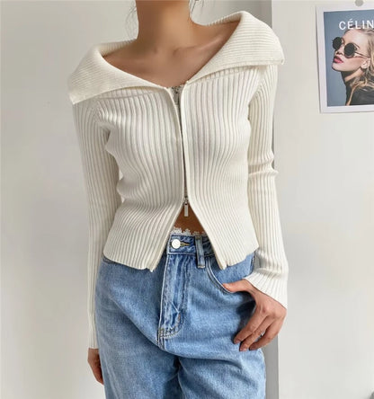 LUNDUNSHIJIA 2026 New Autumn Women Elegant Thickened Zipper Sweaters For Women Rose Red Fashion Short Female Cardigan 4 Colors