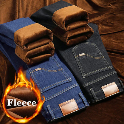 Brand Autumn Winter Warm Flocking Denim Soft Man Activities Fleece Line Men Jeans Black Blue Grey Colors