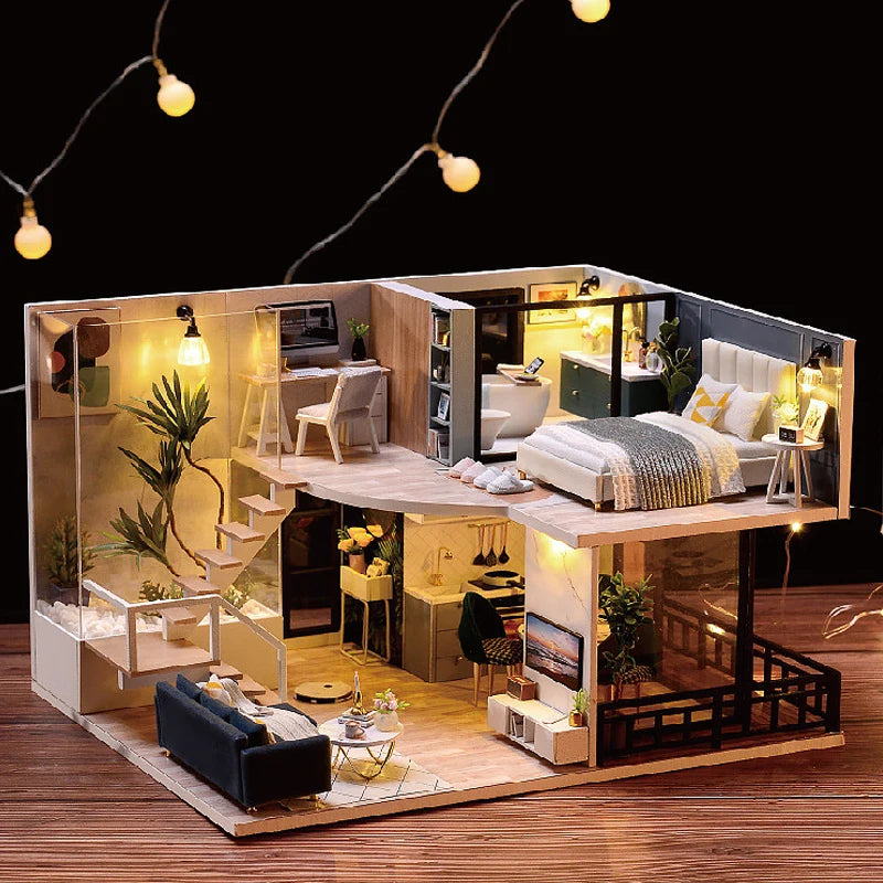 Doll House Kit 3D Wooden Mini DollHouse Assembly Building with Furniture Kit Toy For Birthday Gift 3D Puzzle Handmade Home Decor