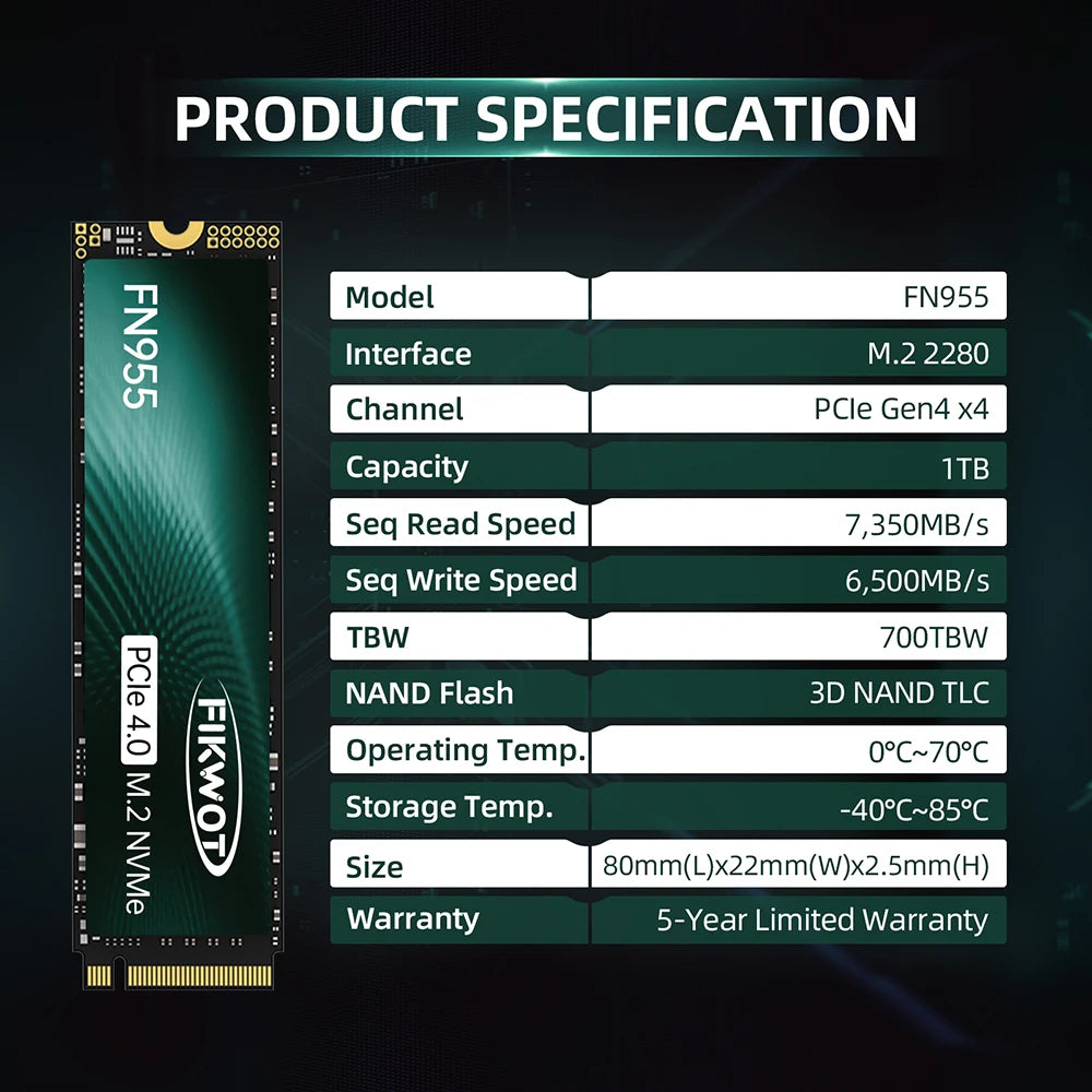 Fikwot FN955 M.2 SSD 4TB 2TB 1TB 7350MB/s PCIe4.0x4 NVMe1.4 M.2 2280 SSD Disk Internal Solid State Drive for PS5 Desktop Laptop
