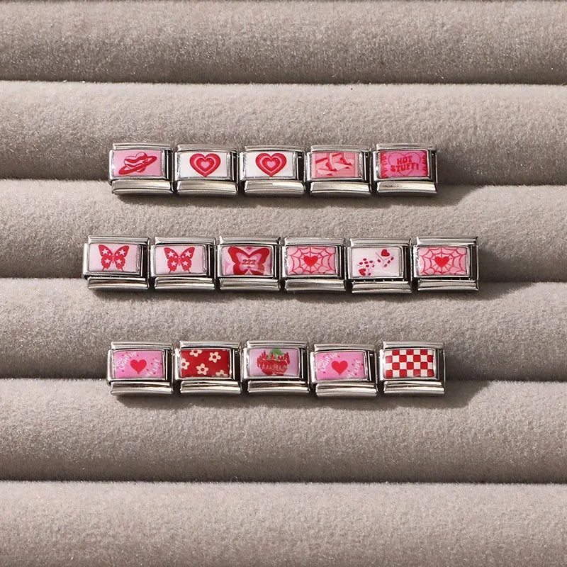 Wholesale Sweet Pink Series Stars Heart Flowers Butterfly Italian Link Fit 9mm Stainless Steel Bracelet Making DIY Charm Jewelry