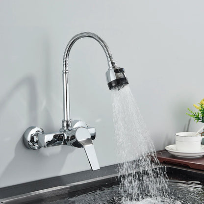 Chrome Wall Mounted Dual Hole Kitchen Faucet Lead Free Hot Cold Water Mixer Tap Stream Spray Bubbler 360 Rotation Flexible Pipe