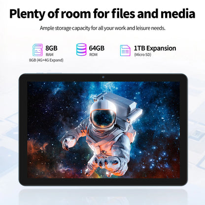 10.1" Android Tablet with Octa-core Processor 16GB(4+12GB Virtual) RAM 64GB ROM HD IPS Touchscreen, Wi-Fi 6, BT 5.0, Dual Camera