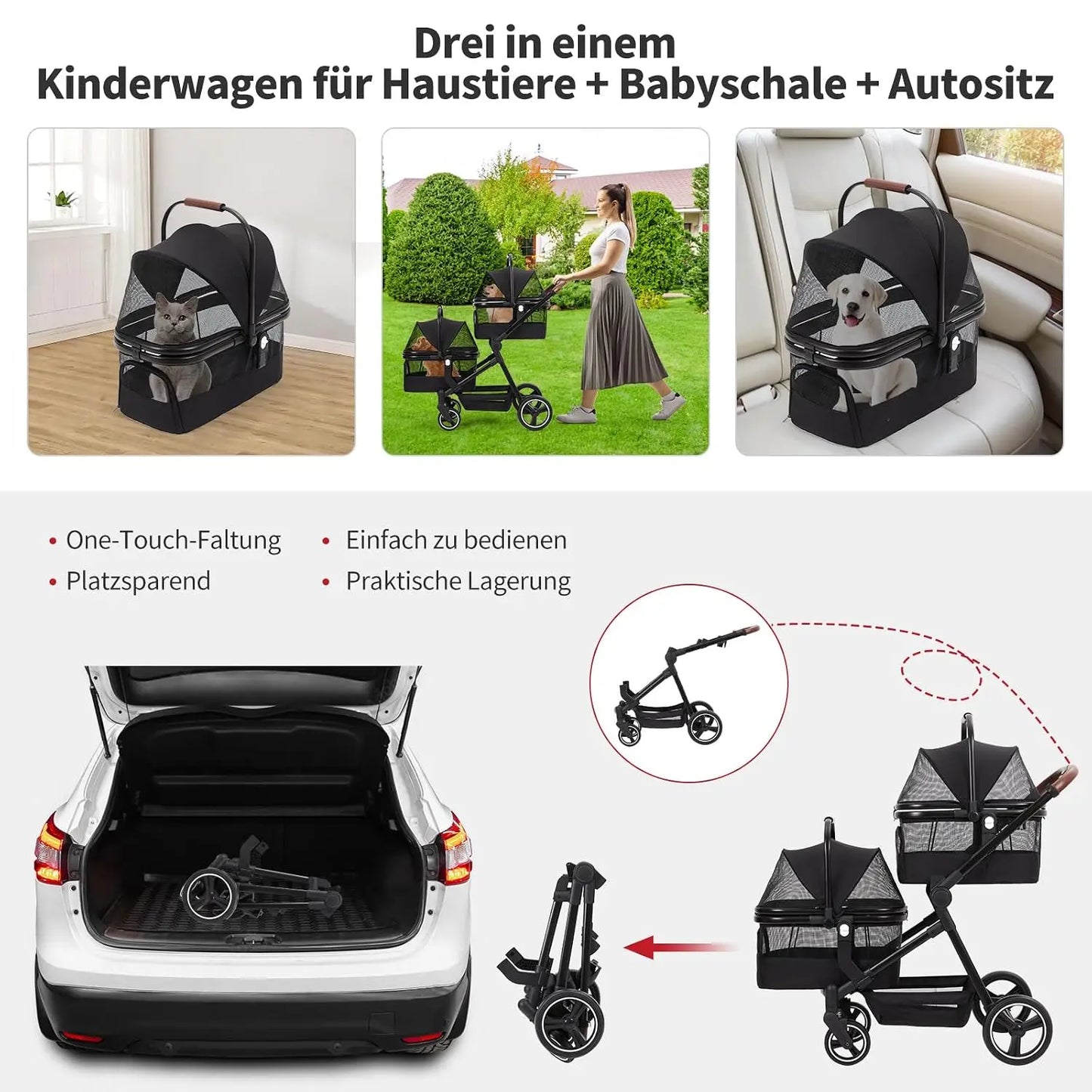 Dog Pushchair Foldable Pet Trolley with 2 Removable Dog Crate Bag for Two Small Dogs Cats Load Capacity Up To 15 Kg Per Level