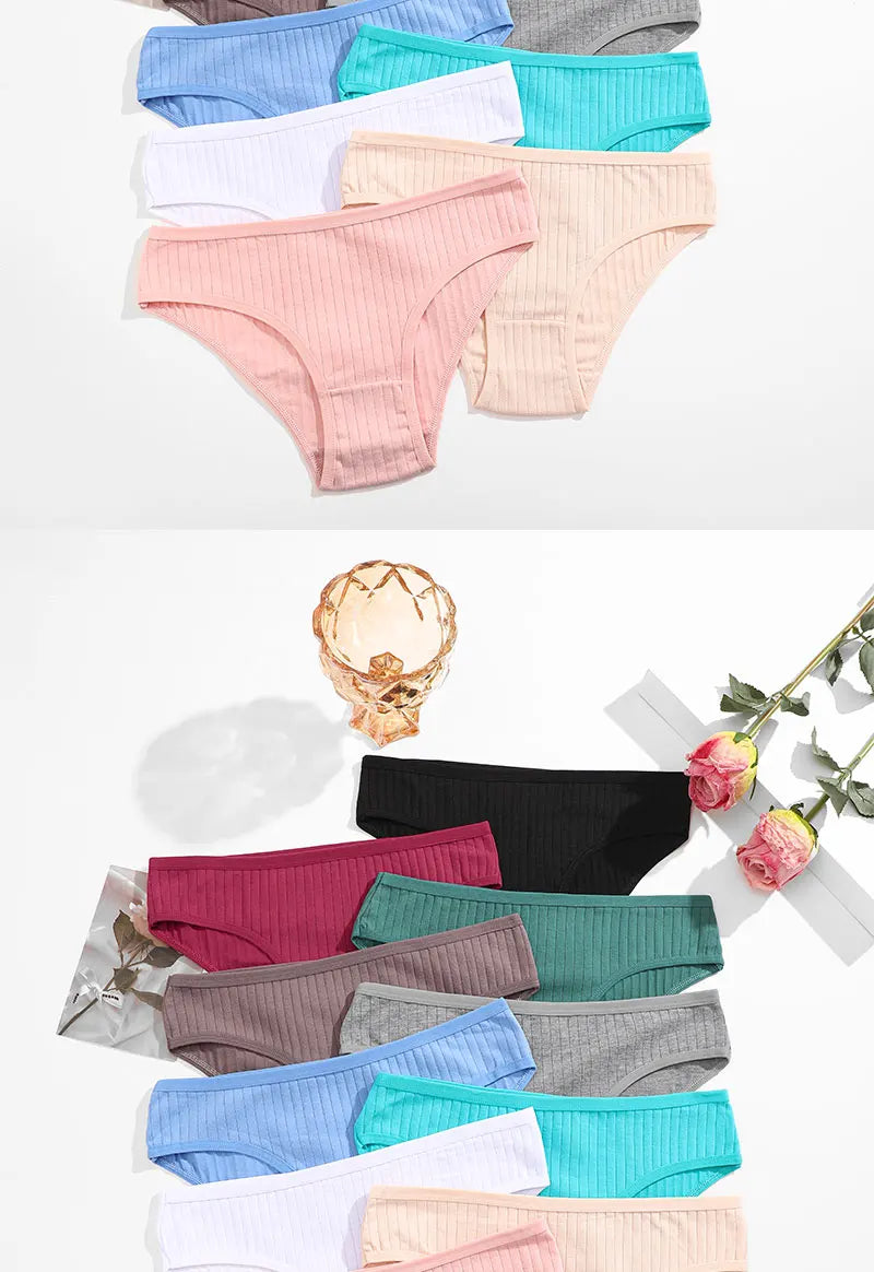 4PCS/SET Women's Cotton Panties Sexy Soft Striped Underpants 12 Solid Color Briefs Female Comfortable Stretch Lingerie M-XL