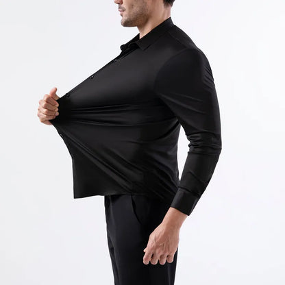 100KG Non-Iron Four-way High Stretch Men's Long Sleeve Shirt Silky Soft Sommth Blue Black Business Party Wedding Male Clothing