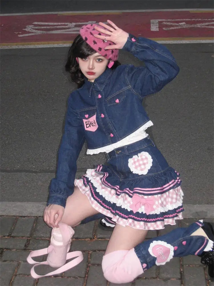 Kawaii Girls Lolita Skirts Japanese Women Harajuku Ball Gown Denim Skater Y2K High Waist Lace Cake Skirts Versatile Puffy Skirts