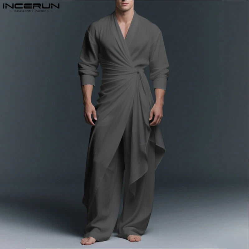 INCERUN Men Sets Solid V Neck Long Sleeve Long Style Shirt & Pants Two Pieces Sets Streetwear Loose Vintage Casual Men's Suit