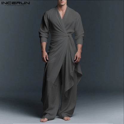 INCERUN Men Sets Solid V Neck Long Sleeve Long Style Shirt & Pants Two Pieces Sets Streetwear Loose Vintage Casual Men's Suit