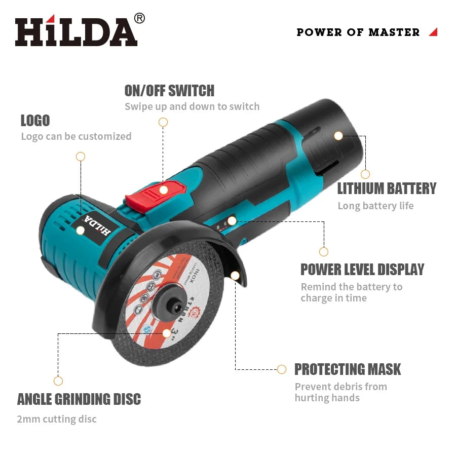 HILDA 12V/3 Inch Lithium Electric Angle Grinder Mini Small Household Handheld Cutting Machine Polishing Machine