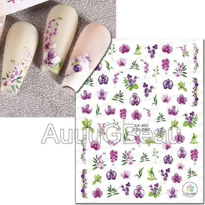 3d Nails Art Decals Spring Fruits Pink Full Tips Peony Magnolia Flowers Adhesive Sliders Stickers Decoration For Nails Manicure