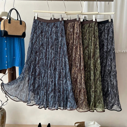 High Waisted Printed Vintage Long Skirts Women Korean Loose Pleated A Line Mesh Skirt Woman Big Hem Mid Length Tulle Skirts
