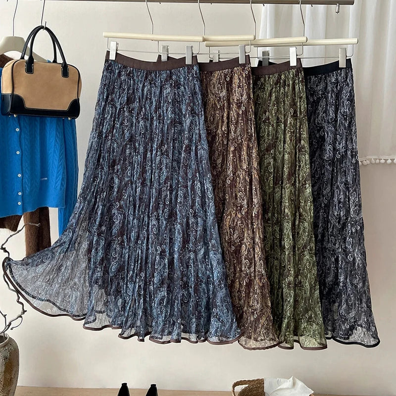 High Waisted Printed Vintage Long Skirts Women Korean Loose Pleated A Line Mesh Skirt Woman Big Hem Mid Length Tulle Skirts